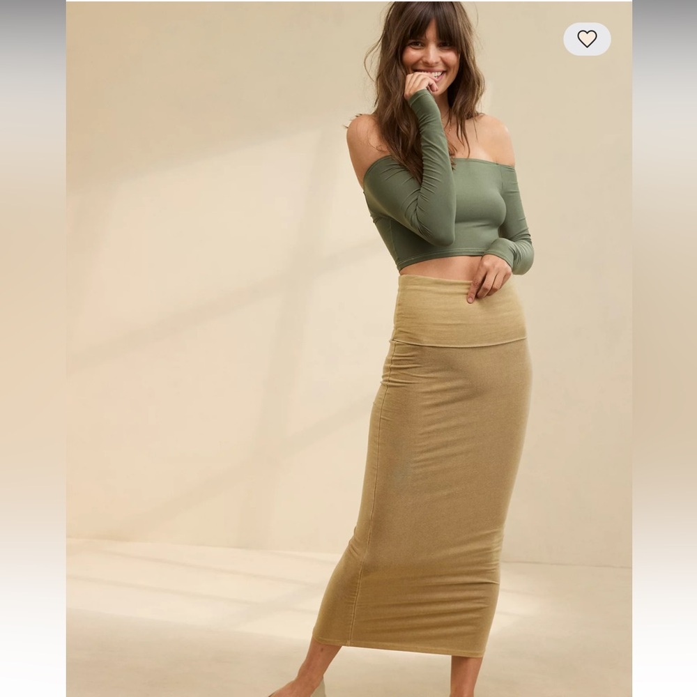aerie Olive Off-Shoulder Top with Tan Pencil Skirt